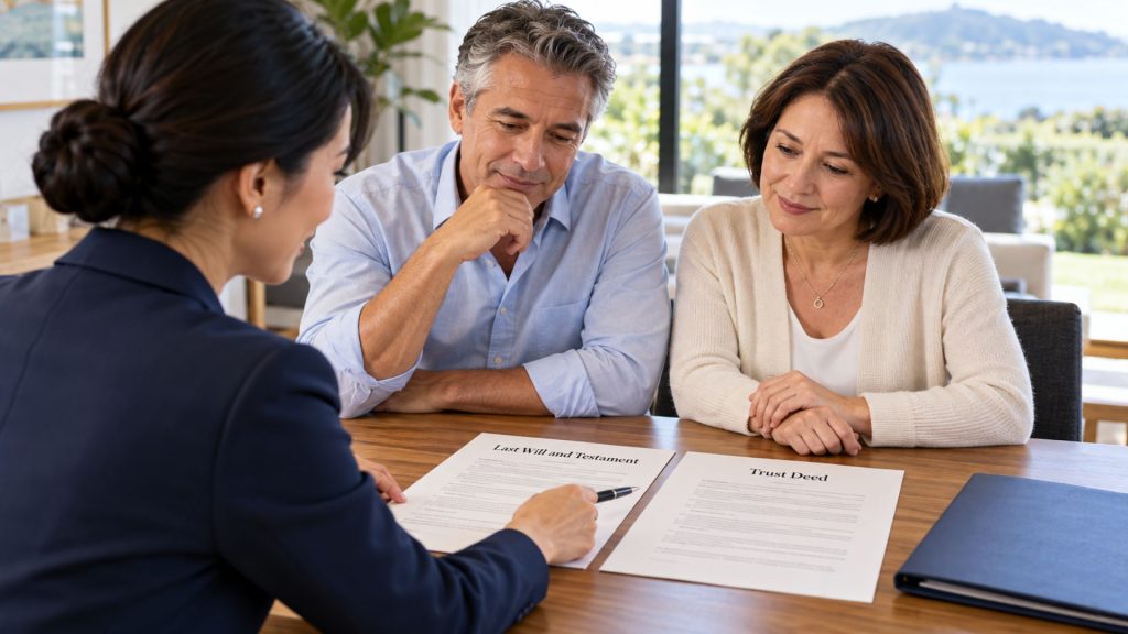 Asian female lawyer reviewing a will and trust deed with a couple during an estate planning consultation.
